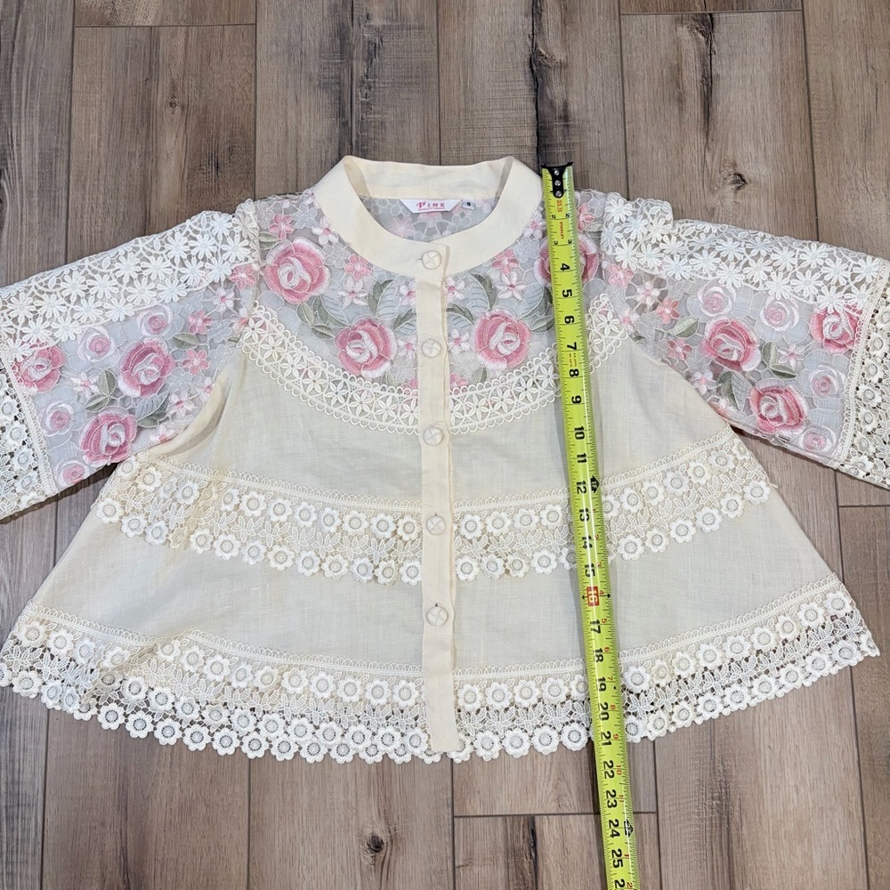 Vintage Lace Floral Blouse Fairycore Romantic Sheer Pink Roses S Coquette - Picture 4 of 5